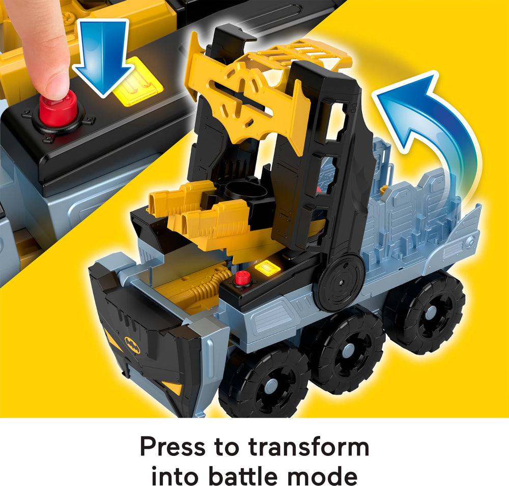 Fisher-Price Imaginext Batman Bat-Tank features a hidden launcher for projectiles.
