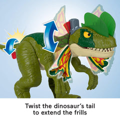 Fisher-Price Imaginext Dilophosaurus spitting action with four projectiles for pretend battles.