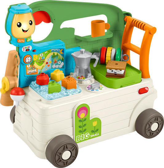 Fisher-Price Laugh & Learn on-the-go camper walker in use promotes exploration and fine motor skills
