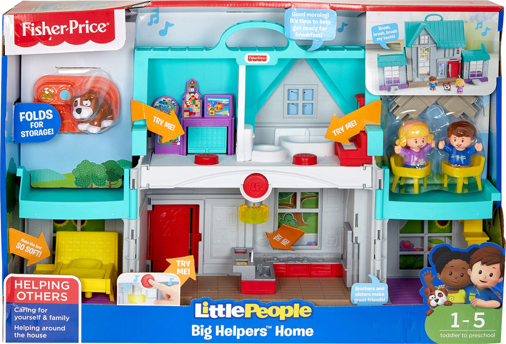 Fisher-Price Little People Big Helpers Home playset packaging ships frustration-free and recyclable.