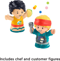 Fisher-Price Little People food truck top opens to reveal outdoor seating.