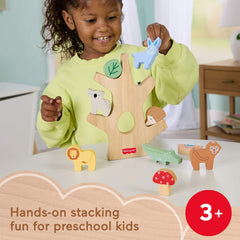 Fisher-Price Wood Balance Tree blocks image promotes creative building and hand-eye coordination