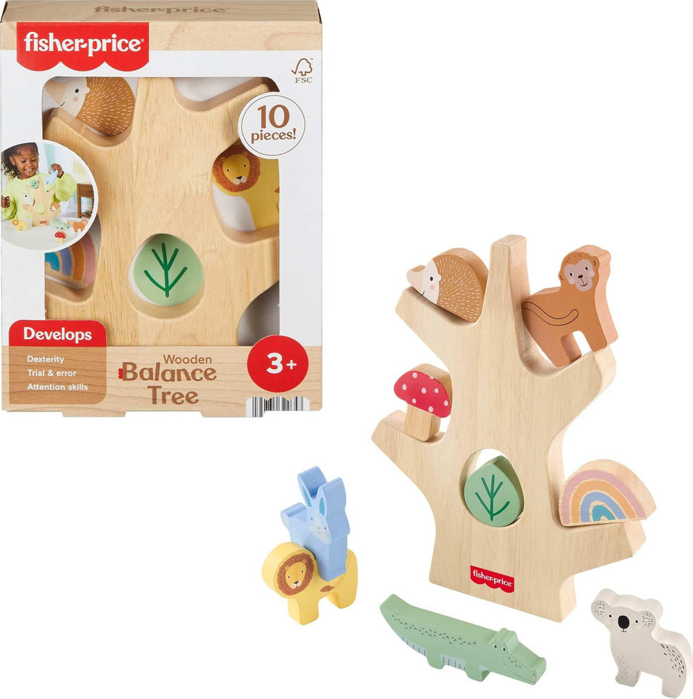 Fisher-Price Wood Balance Tree setup encourages stacking and fine motor play