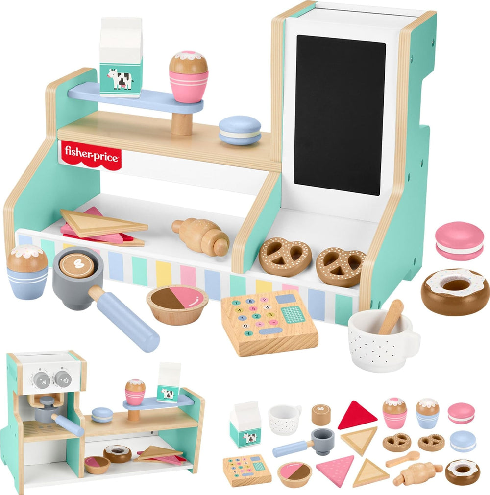 Fisher-Price wood coffee shop counter for imaginative pretend play and role-play service