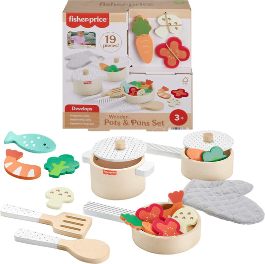 Fisher-Price wood kitchen pot with lid invites imaginative cooking play for preschoolers.