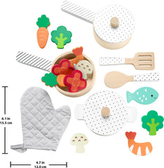 Fisher-Price wood kitchen utensils help develop fine motor skills during pretend cooking.