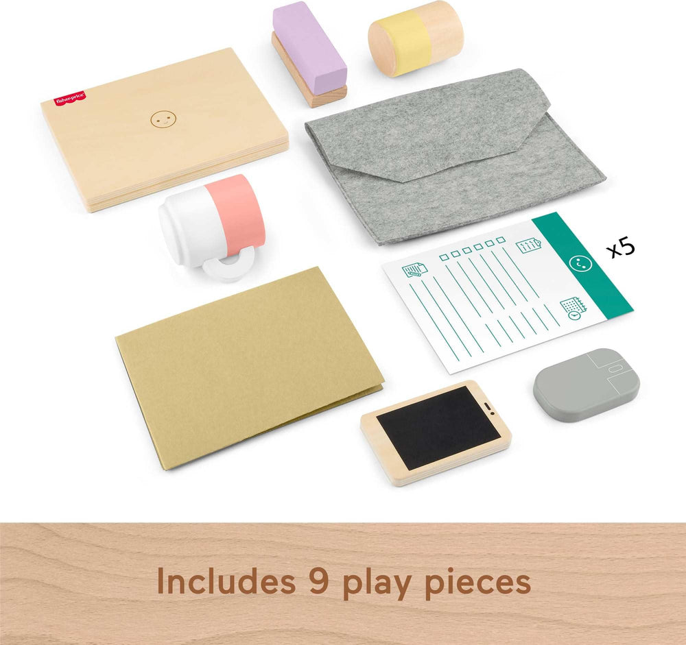 Fisher-Price Wood Pretend Office stapler invites organization and sorting play