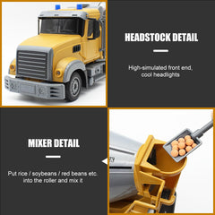 Fistone RC cement mixer truck lights on showcase vivid nighttime visibility.
