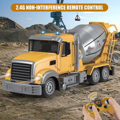 Fistone RC cement mixer truck side view highlights 6-channel control for versatile maneuvering.