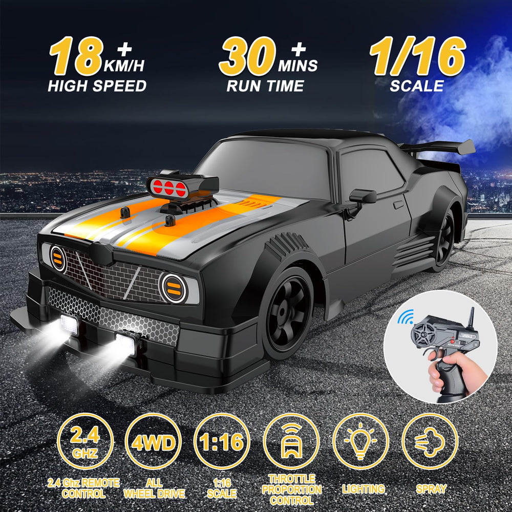 Fistone RC drift car side view highlighting dual tires for surface versatility.