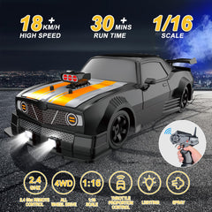 Fistone RC drift car side view highlighting dual tires for surface versatility.