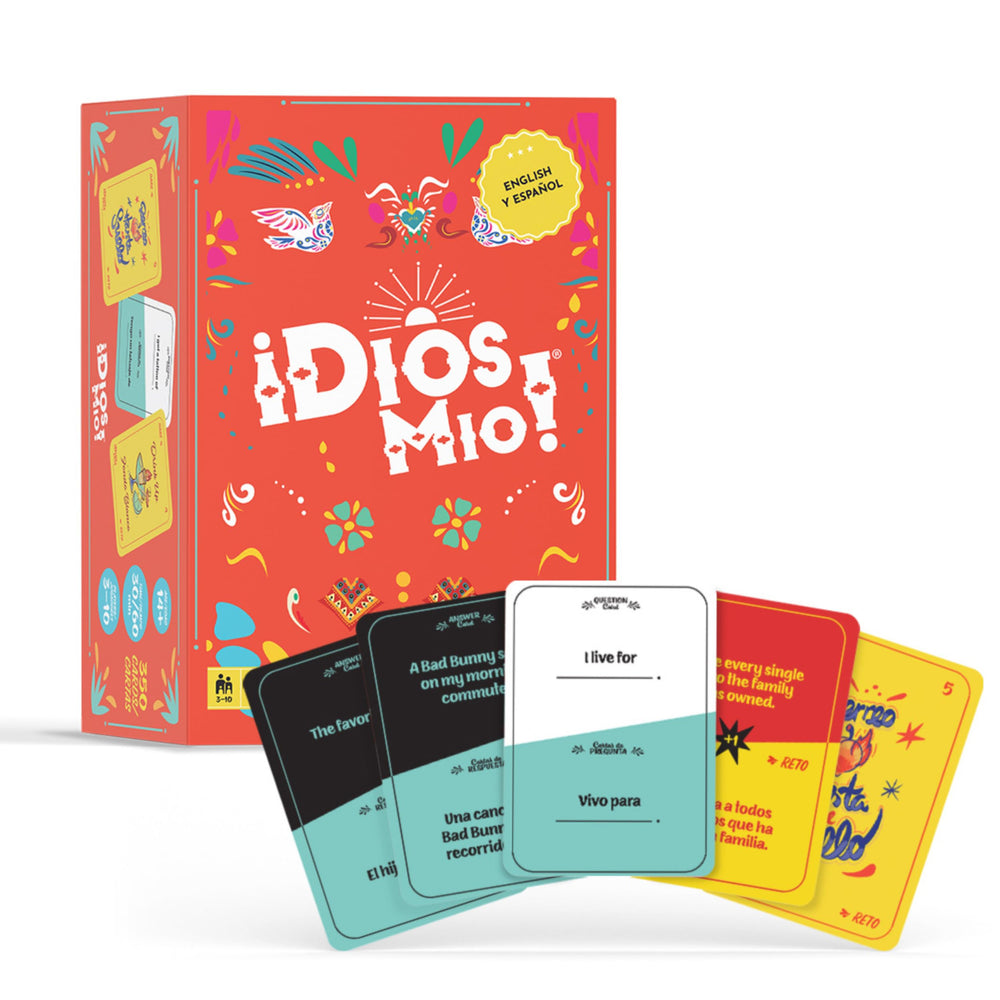 FITZ Dios Mio packaging box front, vibrant bilingual party game for gatherings
