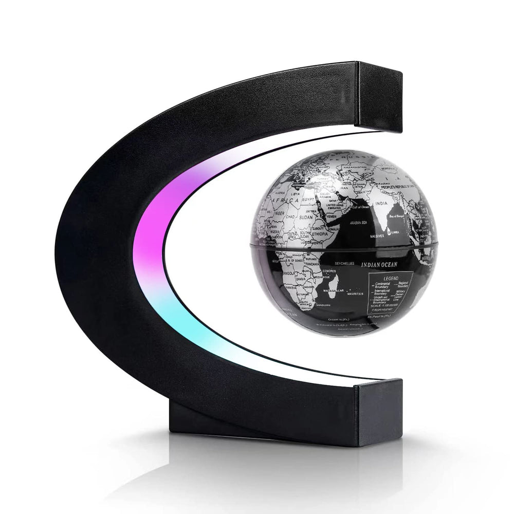 Flagest magnetic levitation globe in a C-shape silver and black frame for modern desk decor.