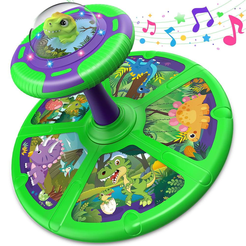 Flooyes dinosaur sit-and-spin toy with sturdy handle for toddlers' balance.
