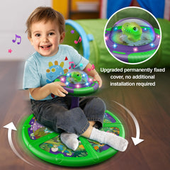 Flooyes dinosaur sit-and-spin toy with LED lights during spins for visual stimulation.