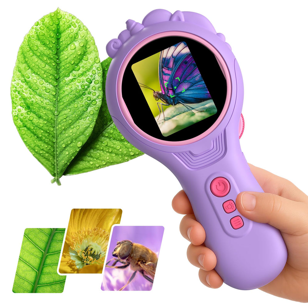 Flooyes microscope with 2-inch screen for clear live viewing of tiny specimens.
