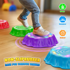 Flooyes stepping stones include a spinner to add color-based challenges.