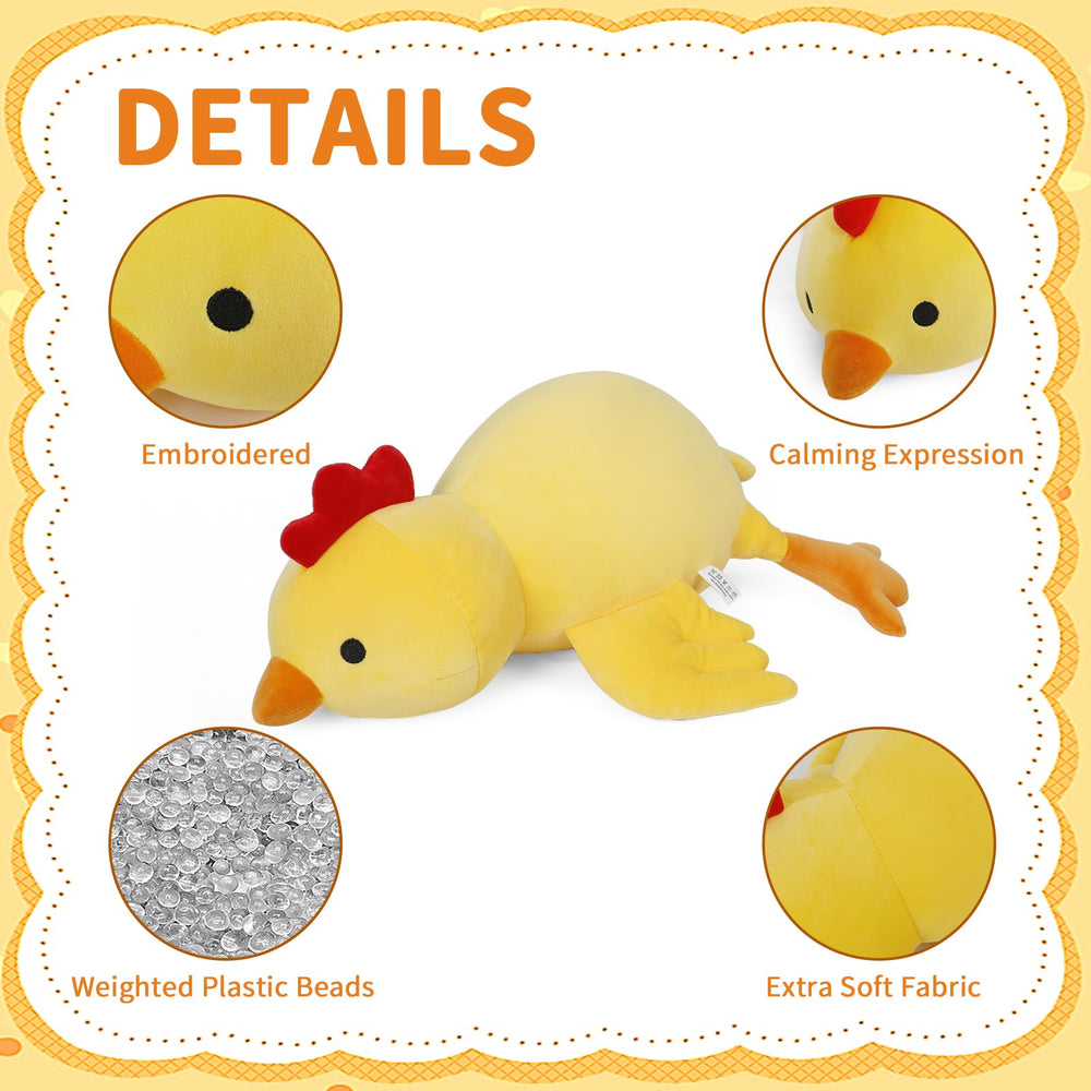 FLORVIV weighted chick plush 24in side view provides hug-ready support for travel.