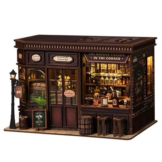 FLTRXCE Corner Tavern Book Nook Kit front view enhances bookshelf charm with cozy ambience.