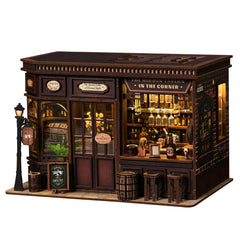 FLTRXCE Corner Tavern Book Nook Kit front view enhances bookshelf charm with cozy ambience.