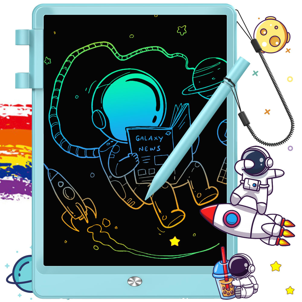 FLUESTON LCD Writing Tablet with a colorful doodle on a 10inch drawing surface for kids' creativity