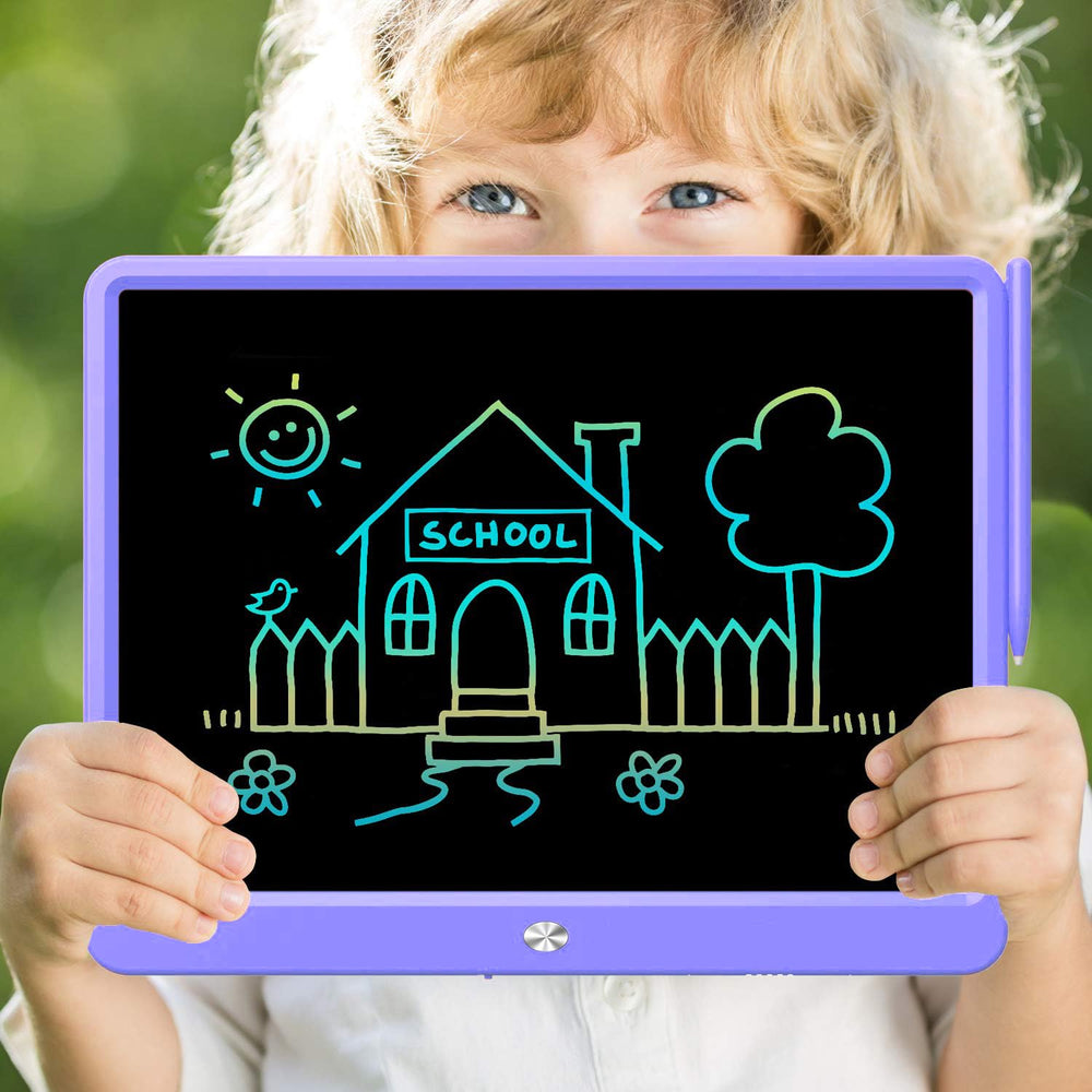 Child using FLUESTON LCD writing tablet for on-the-go drawing