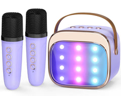 FLUESTON mini karaoke machine with dual microphones, ideal for family singing sessions and parties