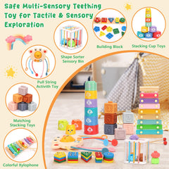 FlufiFiea sensory bin with chunky blocks for tactile exploration.