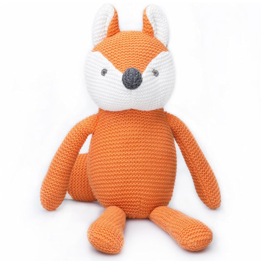 FLUFFYFUN orange fox toy for newborns, ultra-soft organic cotton.