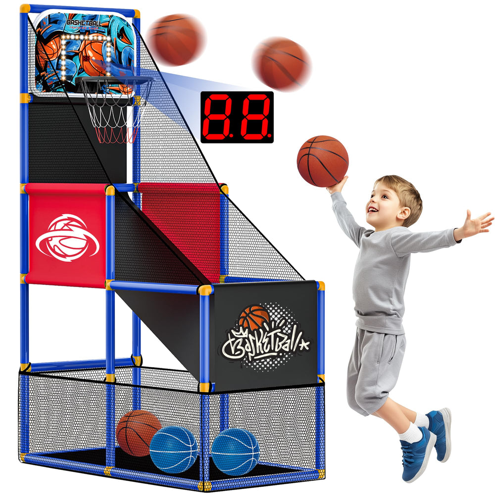 Flybakiz arcade hoop side view shows adjustable height for growing kids.