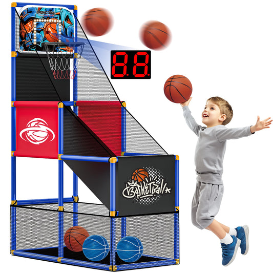 Flybakiz arcade hoop side view shows adjustable height for growing kids.
