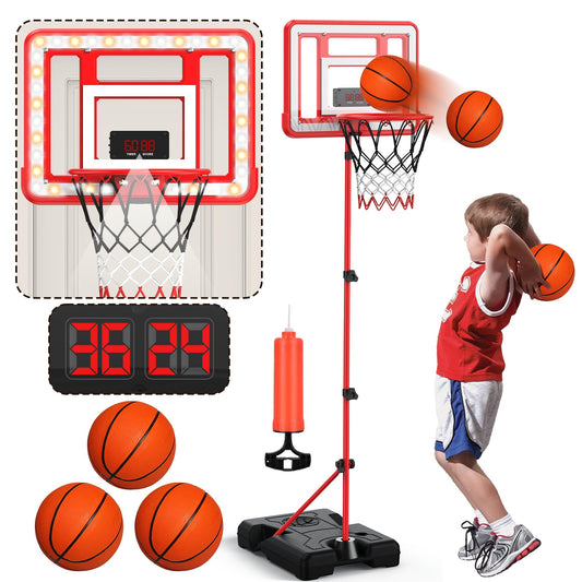 Flybakiz kids indoor basketball hoop front view showing compact stand-friendly design for growing players