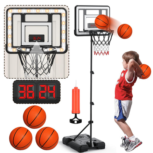 Flybakiz kids indoor basketball hoop stand adjusting height for growing players.