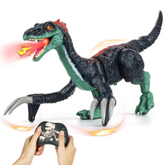 Flybakiz RC dinosaur walking in dark green, ideal for active pretend play.