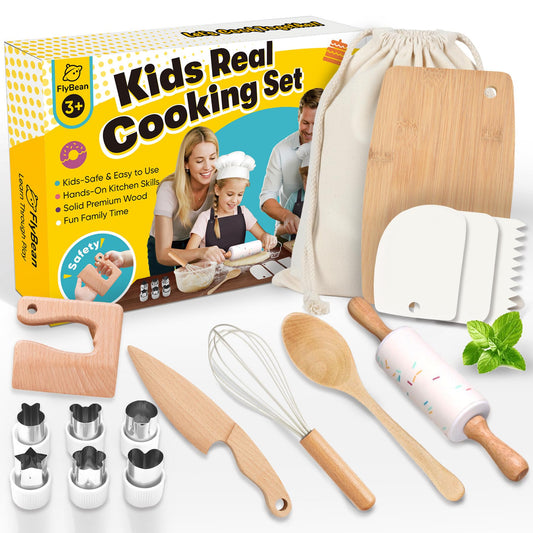 Flybean wooden-safe-cooking-tools-set demonstrates safe, kid-friendly pretend kitchen activities.