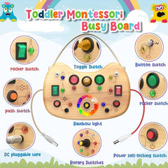 Flycoost Busy Board featuring dinosaur stickers for interactive learning.