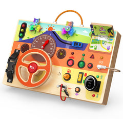 Flycoost Busy Board with steering wheel boosts fine motor skills through pretend driving