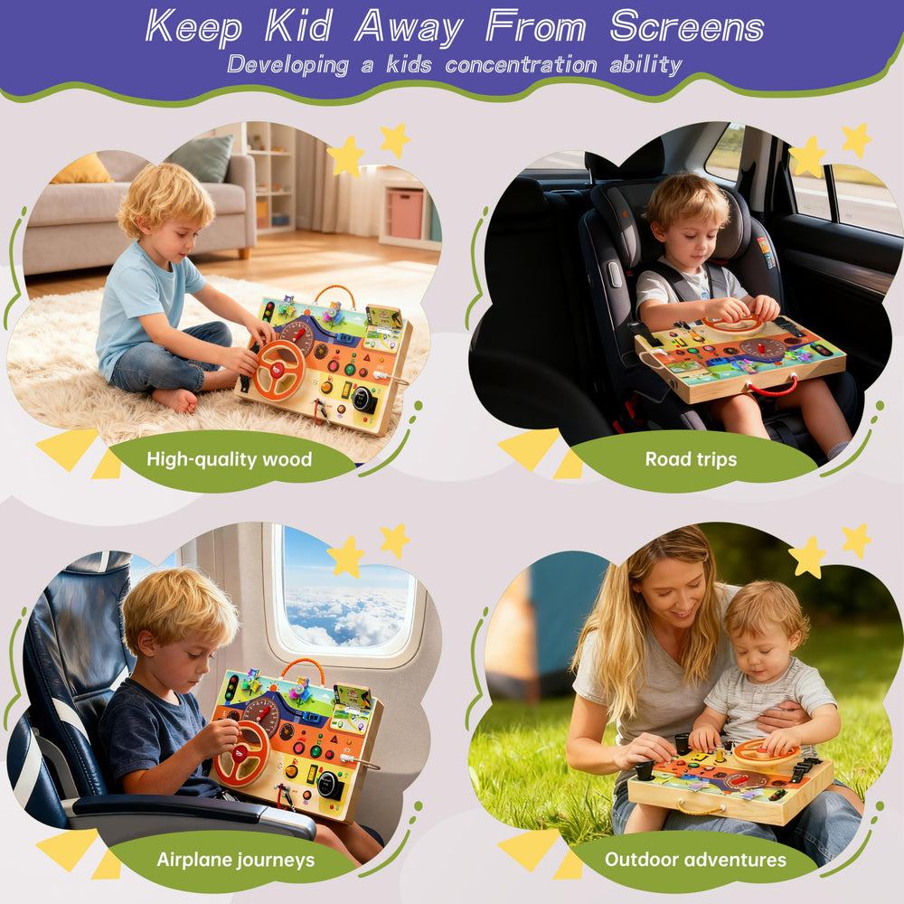 Flycoost Busy Board gears and sliding car encourage problem solving and tactile exploration