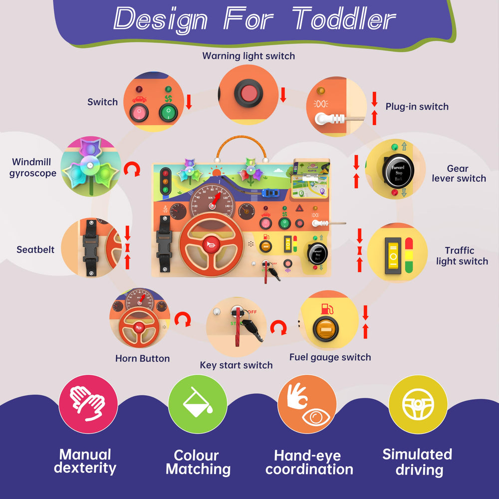 Flycoost Busy Board compact travel toy for toddlers with durable wooden design