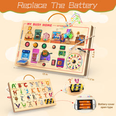 Flycoost My Busy Home kettle switch boosts focus in kitchen pretend play.