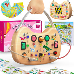 Flycoost Montessori Busy Board with LED switches enhances fine motor skills during play.