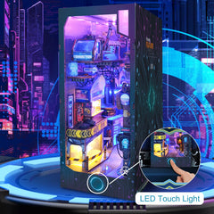 FLYNOVA neon city miniature train showcases dynamic lights for captivating bookshelf displays