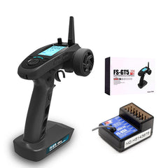 Flysky FS-GT5 transmitter front view demonstrates compact, responsive controls for RC cars and boats.
