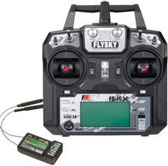 Flysky FS-i6X front view shows ergonomic grip for comfortable control.