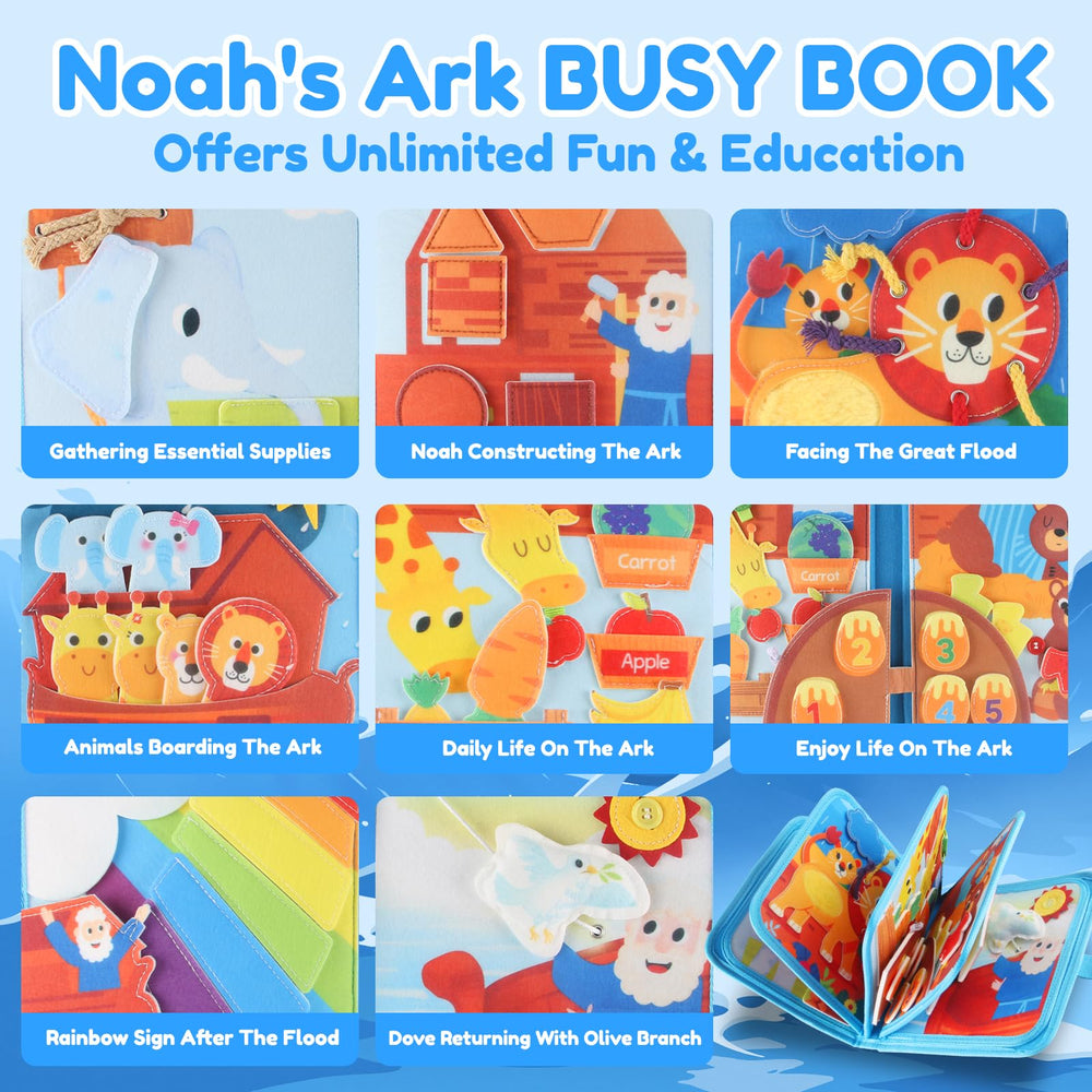 FoenixArte Noah's Ark Busy Book page featuring buttoning activity to improve motor skills