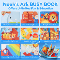 FoenixArte Noah's Ark Busy Book page featuring buttoning activity to improve motor skills