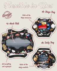 FOKDUVB bingo bag interior with mesh slots keeps daubers and cards tidy.