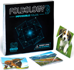 Foldology 3 cover showing the puzzle pad for teens and adults, portable brain teasers.