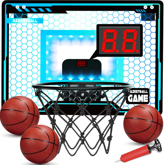 Folimix mini basketball hoop indoor with LED scoreboard enhances kids' play at home.