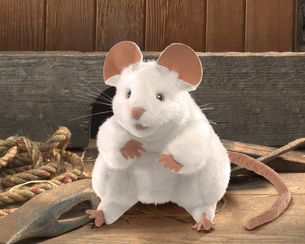 Folkmanis Mouse Hand Puppet White full-body view for stage